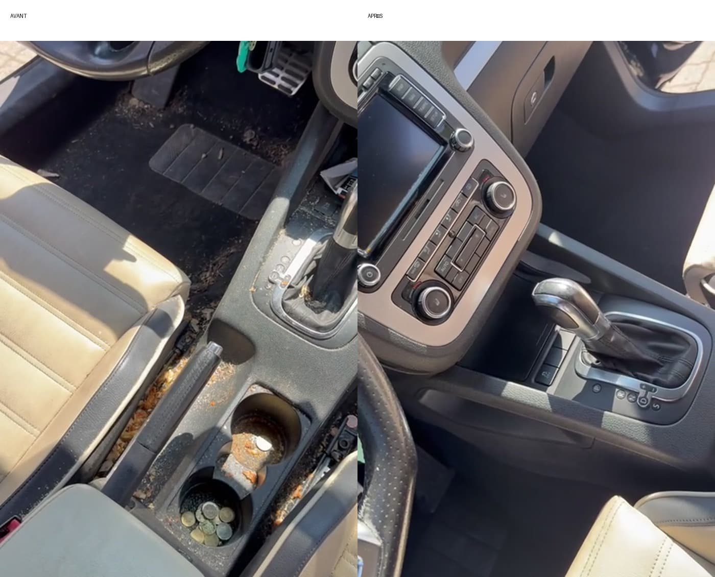 Console centrale d’une Volkswagen avant et après nettoyage intérieur, même cadrage